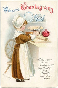 Vintage Thanksgiving card picturing girl making a pie.