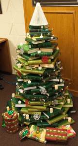 Christmas tree constructed from green law books.