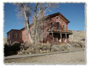 photo of Hotel Meade in Bannack. Two story brick building.